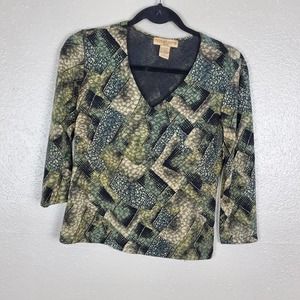 Notations Petite Brown, Black, Gold 3/4 Sleeve V-Neck Top PS Office